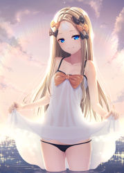 Rule 34 | 1girl, abigail williams (fate), backlighting, bandaid, bandaid on face, bandaid on forehead, bare shoulders, black bow, black panties, blonde hair, blue eyes, bow, breasts, closed mouth, clothes lift, collarbone, crossed bandaids, dress, dress lift, fate/grand order, fate (series), forehead, gradient sky, hair bow, highres, kaffeinman, long hair, multiple hair bows, ocean, orange bow, orange sky, panties, parted bangs, polka dot, polka dot bow, revision, sky, small breasts, smile, sparkle, sunset, thighs, twilight, underwear, wet, white dress
