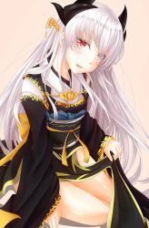 Rule 34 | 1girl, black kimono, commentary request, eyes visible through hair, fate/grand order, fate (series), hair over one eye, head tilt, horns, japanese clothes, kimono, kiyohime (fate), kiyohime (third ascension) (fate), lifted by self, long hair, looking at viewer, obi, open mouth, red eyes, sash, silver hair, solo, thighs, totororo, wide sleeves