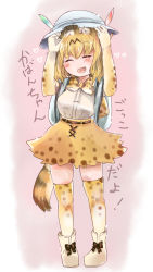 Rule 34 | 10s, animal ears, backpack, bag, bare shoulders, blush, bow, bowtie, bucket hat, closed eyes, feathers, hands on own head, harusakinotori, hat, heart, highres, kemono friends, open mouth, serval (kemono friends), serval print, serval tail, skirt, solo, tail, thighhighs, translation request