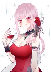 Rule 34 | 1girl, arm strap, black choker, black nails, blush, breasts, chiyomaru (yumichiyo0606), choker, cleavage, closed mouth, cup, detached collar, dress, drinking glass, flower, hair flower, hair ornament, hair ribbon, highres, holding, holding cup, hololive, hololive english, lace-trimmed choker, lace trim, large breasts, licking lips, long hair, looking at viewer, mori calliope, mori calliope (party dress), nail polish, off-shoulder dress, off shoulder, official alternate costume, pink hair, ponytail, red dress, red eyes, red wine, ribbon, rose, sash, see-through, sidelocks, simple background, skull, smile, solo, strapless, strapless dress, tongue, tongue out, upper body, virtual youtuber, white background, wine, wine glass, wrist cuffs