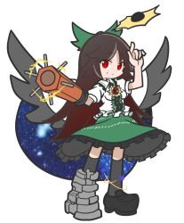 Rule 34 | 1girl, arm cannon, asymmetrical footwear, black footwear, black hair, black sun, black thighhighs, black wings, bow, breasts, cape, closed mouth, commentary, full body, green bow, green skirt, hair bow, index finger raised, long hair, looking at viewer, medium breasts, mismatched footwear, parody, puyopuyo, red eyes, reiuji utsuho, shinmon akika, shirt, short sleeves, simple background, skirt, smile, solo, standing, starry sky print, style parody, sun, thighhighs, third eye, touhou, weapon, white background, white cape, white shirt, wings