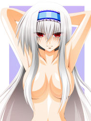 Rule 34 | 1girl, armpits, arms behind head, breasts, censored, convenient censoring, engo (aquawatery), hair censor, hair over breasts, hairband, highres, large breasts, long hair, nude, original, red eyes, silver hair, solo, very long hair