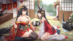 Rule 34 | 3girls, :d, :p, animal ear fluff, animal ears, arm support, azur lane, bell, black hair, black thighhighs, blunt bangs, blush, bottle, breasts, chinese commentary, choko (cup), cleavage, commentary request, cup, detached sleeves, dog, dress, finger to own chin, fox ears, hair between eyes, hair ornament, holding, holding cup, indoors, japanese clothes, jingle bell, kangetsu (fhalei), kimono, kneehighs, large breasts, long hair, looking at viewer, multiple girls, mutsu (azur lane), nagato (azur lane), off-shoulder dress, off shoulder, open mouth, paper chain, peeking, red dress, red eyes, sake bottle, sliding doors, smile, socks, sword, taihou (azur lane), thighhighs, tongue, tongue out, tray, weapon, white sleeves, white socks, yellow eyes