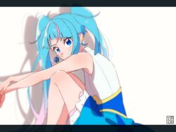 Rule 34 | 1girl, aoi tete, arms on knees, artist name, blue dress, blue eyes, blue hair, commentary, cure sky, cut bangs, dress, earclip, earrings, from side, gradient hair, highres, hirogaru sky! precure, jewelry, letterboxed, long hair, magical girl, multicolored hair, no cape, no detached sleeves, no gloves, no hair ornament, no legwear, pink hair, precure, shadow, short dress, signature, single earring, single sidelock, sitting, solo, sora harewataru, streaked hair, twintails, very long hair