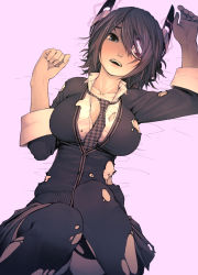 Rule 34 | 10s, 1girl, bed, black thighhighs, blue eyes, breasts, checkered clothes, checkered necktie, checkered neckwear, cleavage, collarbone, eyepatch, headgear, highres, kantai collection, large breasts, looking at viewer, necktie, open mouth, purple hair, school uniform, short hair, solo, suno486 x, tenryuu (kancolle), thighhighs, torn clothes