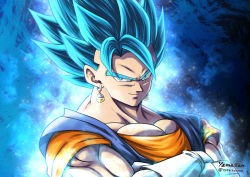 Rule 34 | 1boy, 2094banana, aura, blue background, blue eyes, closed mouth, collarbone, crossed arms, dragon ball, dragon ball super, earrings, energy, glowing, highres, jewelry, looking at viewer, male focus, muscular, smug, solo, spiked hair, super saiyan, super saiyan blue, twitter username, upper body, vegetto