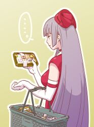 Rule 34 | ..., 1girl, black eyes, blunt bangs, box, breasts, closed mouth, elbow gloves, food, from behind, gloves, grey hair, hat, holding, holding box, indie virtual youtuber, large breasts, long hair, looking at food, magari (c0rn3r), nurse cap, profile, red hat, red shirt, rokudou mei, shirt, shopping, shopping basket, sidelocks, sleeveless, sleeveless shirt, solo, spoken ellipsis, sushi, upper body, virtual youtuber, white gloves