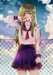 Rule 34 | 1girl, absurdres, alternate costume, arm up, blood, blood on face, blue sailor collar, blue sky, blush, bruise, bruise on face, chain-link fence, cloud, collarbone, commentary request, contemporary, cowboy shot, day, fence, green eyes, green hair, hair tubes, highres, injury, kochiya sanae, long hair, long sleeves, looking at viewer, neckerchief, outdoors, purple skirt, red neckerchief, sailor collar, satoupote, school uniform, serafuku, sidelocks, skirt, sky, solo, standing, thighs, touhou, very long hair