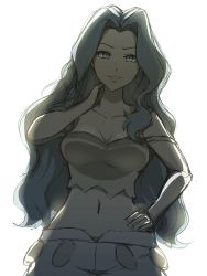 Rule 34 | 1girl, absurdres, bare arms, breasts, camisole, cleavage, collarbone, cowboy shot, creatures (company), crop top, elite four, game freak, grey eyes, grey hair, hair intakes, hand on own hip, hand on own neck, hand up, highres, hip focus, karen (pokemon), light smile, long hair, looking at viewer, medium breasts, midriff, navel, nintendo, pants, parted lips, phiphi-au-thon, pokemon, pokemon hgss, simple background, sketch, solo, spaghetti strap, white background, white pants, yellow camisole