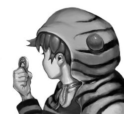Rule 34 | 1girl, aasu kirishita, coin, facing away, fine art parody, from side, greyscale, hand up, holding, holding coin, hood, hood up, japari coin, kemono friends, long sleeves, monochrome, my wife and my mother-in-law, optical illusion, parody, short hair, simple background, solo, tsuchinoko (kemono friends), white background