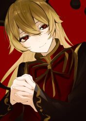 Rule 34 | 1girl, absurdres, black dress, blonde hair, dress, highres, ikasoba, interlocked fingers, junko (touhou), long hair, long sleeves, neck ribbon, own hands clasped, own hands together, phoenix crown, pom pom (clothes), red eyes, red tabard, ribbon, smile, solo, tabard, touhou, wide sleeves