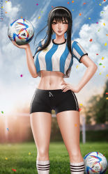 Rule 34 | 1girl, 2022 fifa world cup, argentina, argentinian flag, argentinian flag print, artist name, ball, black hair, black shorts, blue sky, blurry, blurry background, breasts, collarbone, confetti, crop top, crop top overhang, drawing, feet out of frame, female focus, flag print, gluteal fold, hand on own hip, highres, kneehighs, kyopink, large breasts, linea alba, looking at viewer, midriff, navel, nose, one eye closed, red eyes, shirt, short hair with long locks, short shorts, shorts, sky, smile, soccer ball, soccer field, soccer uniform, socks, solo, sportswear, spy x family, striped clothes, striped shirt, striped shorts, vertical-striped clothes, vertical-striped shirt, wide hips, wink, world cup, yor briar