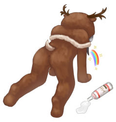 Rule 34 | 10s, 1girl, alcohol, all fours, anidante, animal costume, animal hood, ass, black hair, bottle, brown eyes, capelet, from behind, full body, fur trim, hair between eyes, hood, kantai collection, lowres, multicolored hair, rainbow, vomiting rainbows, reindeer costume, reindeer hood, short hair with long locks, simple background, solo, sparkle, tokitsukaze (kancolle), two-tone hair, vodka, vomiting, vomiting rainbows, white background, white hair