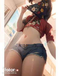 bad_tag denim fan female_focus hot jeans pants shirt shorts standing