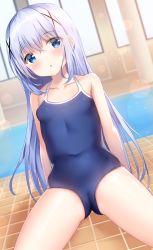Rule 34 | 1girl, :o, bare arms, bare shoulders, blue eyes, blue hair, blue one-piece swimsuit, blush, breasts, commentary request, covered navel, day, gochuumon wa usagi desu ka?, hair between eyes, hair ornament, highres, indoors, kafuu chino, looking at viewer, on floor, one-piece swimsuit, parted lips, pizzzica, school swimsuit, sitting, small breasts, solo, sunlight, swimsuit, tile floor, tiles, water, window, x hair ornament