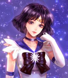 Rule 34 | 1girl, arm at side, bad id, bad pixiv id, bishoujo senshi sailor moon, black hair, blcackup, blue sailor collar, bow, breasts, brooch, brown bow, choker, closed mouth, collarbone, elbow gloves, expressionless, female focus, gloves, hand up, head tilt, jewelry, light particles, lips, looking at viewer, magical girl, medium breasts, neck, necklace, purple background, purple choker, purple eyes, purple sailor collar, purple theme, sailor collar, sailor saturn, sailor senshi uniform, short hair, solo, sparkle, star (symbol), star brooch, star necklace, tiara, tomoe hotaru, upper body, white gloves