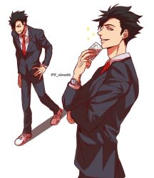 Rule 34 | 1boy, black hair, black suit, collared shirt, commentary, dress shirt, formal, full body, grin, haikyuu!!, hair over one eye, hand on own hip, highres, kuroo tetsurou, male focus, multiple views, red neckwear, shirt, shoes, short hair, smile, sneakers, sparkle, suit, teeth, twitter username, watch, white background, white shirt, wristwatch, y nina95
