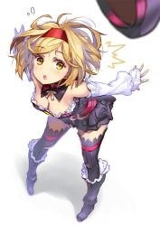 Rule 34 | 1girl, ^^^, bare shoulders, blonde hair, boots, breasts, cleavage, detached collar, detached sleeves, djeeta (granblue fantasy), fate/grand order, fate (series), flying sweatdrops, frill trim, frills, full body, granblue fantasy, hairband, hat, unworn hat, unworn headwear, helena blavatsky (fate), hong (white spider), leaning forward, looking up, medium breasts, open mouth, out of focus, outstretched arms, pigeon-toed, short hair, skirt, sleeves past wrists, solo, standing, thighhighs, yellow eyes