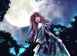 Rule 34 | 1girl, black eyes, brown hair, club maniax, dress, highres, long hair, looking at viewer, moon, naruse chisato, outdoors, resized, solo