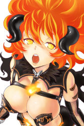 Rule 34 | 1girl, breasts, cleavage, demon girl, fire, fishnets, horns, kousoku otome no seikatai, kyuujou hina, large breasts, long hair, nekoi mie, open mouth, orange hair, simple background, solo, yellow eyes