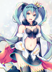 Rule 34 | 1girl, :d, bad id, bad pixiv id, boots, chromatic aberration, commentary request, cowboy shot, hatsune miku, high heel boots, high heels, long hair, looking at viewer, navel, open mouth, racing miku, revision, shiomizu (swat), skirt, smile, solo, standing, thigh boots, thighhighs, twintails, very long hair, vocaloid
