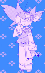 Rule 34 | 1boy, argyle, argyle background, argyle clothes, arm at side, blue background, chinese clothes, crying, crying with eyes open, dragon ball, dragonball z, finger to mouth, full body, highres, long sleeves, male focus, monochrome, purple background, short hair, simple background, son goten, spiked hair, suzuka g, tears