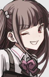 Rule 34 | 1girl, ;d, assault lily, bow, bowtie, brown hair, collared shirt, commentary, grey background, grin, hair bobbles, hair ornament, highres, looking at viewer, one eye closed, open mouth, pink bow, pink bowtie, portrait, red eyes, sano matilda kokoro, school uniform, shirt, simple background, sketch, smile, solo, suspenders, tareko, two side up, v-shaped eyebrows, white shirt