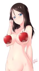 Rule 34 | 1girl, apple, arm behind back, black hair, blue eyes, blush, breasts, censored, censored nipples, closed mouth, commentary, dated, food, fruit, girls und panzer, groin, half-closed eyes, hand in own hair, highres, kuzuryuu kennosuke, large breasts, long hair, looking at viewer, navel, nonna (girls und panzer), nude, simple background, solo, standing, swept bangs, twitter username, white background