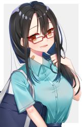 Rule 34 | 1girl, bad id, bad pixiv id, bag, bandaid, black hair, blue shirt, blue skirt, breasts, brown eyes, buttons, collared shirt, commentary request, glasses, hair between eyes, hand up, highres, itoi toi, long hair, looking at viewer, mole, mole under mouth, original, parted lips, red-framed eyewear, school bag, shirt, shirt tucked in, short sleeves, sidelocks, skirt, small breasts, smile, solo, upper body