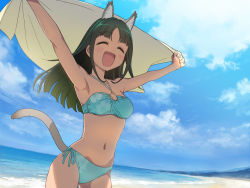Rule 34 | 1girl, :d, ^ ^, animal ears, armpits, arms up, bare arms, bare shoulders, beach, bikini, blue bikini, blue sky, blush, breasts, cat ears, cat girl, cat tail, cleavage, closed eyes, cloud, cloudy sky, commentary request, day, fang, floral print, green hair, halterneck, holding, holding towel, horizon, long hair, navel, ocean, open mouth, original, outdoors, outstretched arms, parted bangs, print bikini, sand, side-tie bikini bottom, sky, small breasts, smile, solo, swimsuit, tail, tonbi, towel, water