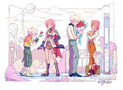 Rule 34 | 1boy, 1girl, age progression, aged up, boots, bouquet, dual persona, final fantasy, final fantasy xiii, flower, gunblade, high heels, hope estheim, keju doodlez, lightning farron, lightning returns: final fantasy xiii, looking at another, pink hair, silver hair, smile, spoilers, standing, toeless footwear, trembling, weapon