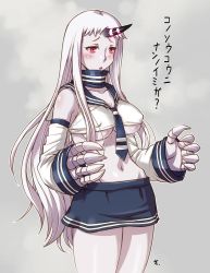 Rule 34 | 10s, 1girl, abyssal ship, bandeau, blue skirt, blush, body blush, breasts, claws, cleavage, collarbone, covered erect nipples, detached sleeves, grey background, horns, huge breasts, kantai collection, long hair, necktie, open mouth, pale skin, pink hair, sailor collar, sameha ikuya, seaport princess, shirt, single horn, skirt, sleeveless, sleeveless shirt, sleeves past wrists, solo, translation request, underboob, very long hair, white hair