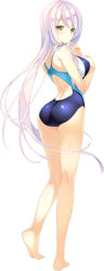 Rule 34 | 1girl, ashishun, ass, barefoot, blush, competition swimsuit, full body, green eyes, highres, kuryuu mashiro, long hair, looking at viewer, official art, one-piece swimsuit, pink hair, primal hearts 2, simple background, smile, solo, standing, swimsuit, white background