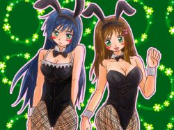 Rule 34 | 2girls, animal ears, bare shoulders, blue hair, blush, bow, bowtie, breasts, brown hair, cleavage, closed mouth, dress, embarrassed, facing viewer, fake animal ears, fishnet legwear, fishnets, green eyes, hair ornament, hairband, hairclip, hand up, happy, large breasts, leotard, long hair, looking at viewer, looking to the side, maria traydor, multiple girls, open mouth, pantyhose, playboy bunny, rabbit ears, rabbit hair ornament, rabbit ornament, shy, smile, sophia esteed, standing, star ocean, star ocean till the end of time, suzuki (almondcake), tongue