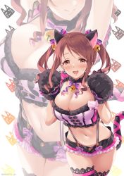 Rule 34 | 1girl, :d, animal ears, animal hands, arms up, bell, black shorts, blush, bow, bowtie, breasts, brown eyes, brown hair, buttons, cat ears, cat girl, cat tail, choker, cleavage, commentary request, crop top, gloves, hair bow, hands up, highres, idolmaster, idolmaster cinderella girls, jingle bell, lace, lace-trimmed legwear, lace trim, large breasts, long hair, looking at viewer, micro shorts, midriff, mifune miyu, mizuki makoto, multiple views, navel, open mouth, parted lips, paw gloves, purple shirt, ribbon, shirt, shorts, sidelocks, smile, standing, stomach, suspenders, sweatdrop, tail, tail ornament, tail ribbon, thighhighs, thighs, twintails, wavy hair