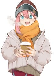 Rule 34 | 1girl, absurdres, blue eyes, breath, coffee cup, cup, disposable cup, eyes visible through hair, highres, holding, holding cup, jacket, kagamihara nadeshiko, long hair, looking at viewer, maegami (daisuki oekaki1), orange scarf, patterned clothing, pink hair, scarf, simple background, smile, solo, standing, white background, white jacket, woollen cap, yurucamp