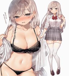Rule 34 | 1girl, bare shoulders, black bra, black panties, blush, bra, breasts, button gap, cleavage, collarbone, dress shirt, embarrassed, grey eyes, grey skirt, high-waist skirt, highres, large breasts, loafers, long hair, looking at viewer, navel, nose blush, off shoulder, open clothes, open mouth, open shirt, original, panties, sakura yuki (clochette), school uniform, shirt, shirt tucked in, shoes, side-tie panties, silver hair, skindentation, skirt, solo, standing, steam, stomach, sweat, thighhighs, thighs, translation request, underwear, white shirt, white thighhighs, zettai ryouiki