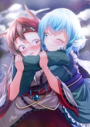 Rule 34 | 2girls, absurdres, alternate costume, animal ear fluff, animal ears, arms around neck, besuteia, blue eyes, blue hair, blush, brown hair, cloud, dress, drill hair, drill sidelocks, eyelashes, fang, fins, frilled dress, frilled kimono, frills, head fins, highres, hug, imaizumi kagerou, imaizumi kagerou (zodiac race), japanese clothes, jewelry, kimono, long dress, long hair, long sleeves, looking at another, mermaid, monster girl, multicolored clothes, multicolored dress, multiple girls, necklace, night, night sky, obi, one eye closed, open mouth, purple sash, red eyes, sash, sidelocks, sky, smile, star (sky), starry sky, tail, tooth necklace, touhou, touhou cannonball, wakasagihime, wide sleeves, wolf ears, wolf girl, wolf tail, yuri