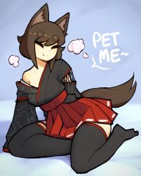 Rule 34 | 1girl, animal ear fluff, animal ears, ash sarai, black thighhighs, blue background, brown hair, commentary, d-floe, english commentary, english text, closed eyes, fox ears, fox girl, fox tail, hakama, hakama skirt, highres, japanese clothes, long sleeves, on one knee, original, red hakama, simple background, skirt, smile, solo, tail, thick eyebrows, thighhighs, wide sleeves