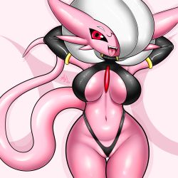 Rule 34 | 1girl, absurdres, arms up, artist name, black gloves, black one-piece swimsuit, black sclera, bracelet, colored sclera, colored skin, cowboy shot, creatures (company), dragon ball, dragonball z, elbow gloves, fangs, female focus, fir3born, fusion, game freak, gardevoir, gen 3 pokemon, gloves, grey hair, hair over one eye, happy, highres, jewelry, looking at viewer, majin buu, nintendo, one-piece swimsuit, open mouth, partially visible vulva, pink background, pink skin, pink theme, pokemon, pokemon (creature), red eyes, saliva, shiny clothes, shiny skin, short hair, signature, simple background, skindentation, smile, solo, standing, straight-on, swimsuit, tail, teeth, thigh gap, tongue, tongue out, wedgie, wide hips