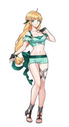 Rule 34 | 1girl, absurdres, ahoge, bare legs, bare shoulders, bikini, bikini shorts, black gloves, blonde hair, breasts, cleavage, commentary request, commission, fingerless gloves, fire emblem, fire emblem: three houses, fire emblem heroes, flower, full body, gloves, green bikini, green eyes, green shorts, hair flower, hair ornament, hand on own chest, hand up, highres, ingrid brandl galatea, long hair, looking at viewer, low-tied long hair, medium breasts, navel, nintendo, off-shoulder bikini, off shoulder, official alternate costume, pixiv commission, sandals, short shorts, short sleeves, shorts, silvercandy gum, simple background, smile, solo, standing, stomach, swimsuit, thighs, transparent background, very long hair, white background