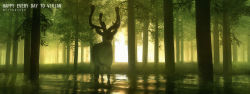 Rule 34 | deer, doveland, forest, highres, long image, nature, no humans, scenery, sunlight, tree, water, wide image