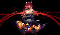 Rule 34 | 1girl, arknights, black background, black dress, black jacket, black thighhighs, breasts, chinese commentary, cleavage, commentary, crossed arms, demon horns, dress, english commentary, fire, floating clothes, floating hair, grin, hair between eyes, highres, horns, jacket, large breasts, lirensheng, long hair, looking at viewer, mixed-language commentary, off shoulder, open clothes, open jacket, red eyes, red hair, simple background, sleeveless, sleeveless dress, smile, solo, surtr (arknights), thighhighs, thighs, very long hair, wing collar