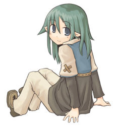 Rule 34 | 1girl, 7010, green hair, lowres, pointy ears, sitting, solo