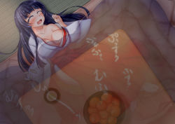 Rule 34 | 1girl, artist request, black hair, blush, breasts, cleavage, closed eyes, collarbone, copyright request, cup, drooling, fart, food, fruit, highres, japanese clothes, kotatsu, large breasts, long hair, off shoulder, open mouth, orange (fruit), sleeping, table, teacup, translation request