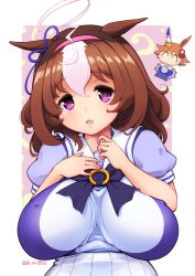 Rule 34 | 2girls, :o, ?, @ @, ahoge, animal ears, artist name, blouse, blue bow, blue ribbon, border, bow, bowtie, breasts, brown hair, chestnut mouth, chibi, chibi inset, confused, covered erect nipples, cowboy shot, deto, facing viewer, female focus, hair between eyes, hair ribbon, hand to own mouth, hands on own chest, head tilt, highres, horse ears, horse girl, huge breasts, hypnosis, impossible clothes, large breasts, looking at viewer, matikanefukukitaru (umamusume), medium hair, meisho doto (umamusume), mind control, multicolored hair, multiple girls, open mouth, orange hair, orb, outside border, pink background, pink eyes, pleated skirt, ribbon, sagging breasts, sailor collar, school uniform, serafuku, shirt, short sleeves, shortstack, signature, simple background, skirt, solo focus, two-tone hair, umamusume, white hair, white sailor collar, white skirt