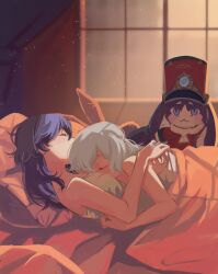 Rule 34 | 1other, 2girls, absurdres, bare arms, bare shoulders, bed, between breasts, blanket, blue eyes, blue hair, breasts, bronya rand, closed eyes, completely nude, couple, cuddling, girl on top, grey hair, hair between eyes, hand on another&#039;s back, head between breasts, highres, honkai: star rail, honkai (series), hug, indoors, looking at another, lying, lying on person, medium breasts, multiple girls, nirtin 99, nude, on back, on bed, on stomach, pillow, pom-pom (honkai: star rail), red headwear, seele (honkai: star rail), sleeping, standing, window, yuri