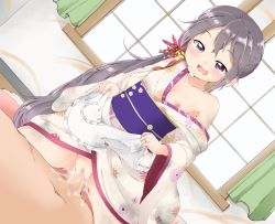 Rule 34 | 10s, 1boy, 1girl, :3, :d, akebono (kancolle), bell, blush, breasts, censored, clothed female nude male, cowgirl position, cum, cum in pussy, flower, girl on top, hair bell, hair flower, hair ornament, hetero, japanese clothes, jingle bell, kantai collection, kimono, long hair, mosaic censoring, nipple slip, nipples, nude, off shoulder, open mouth, penis, purple eyes, purple hair, sex, side ponytail, small breasts, smile, solo focus, straddling, sweat, tasuki, vaginal, yasunao (yasunao-z)