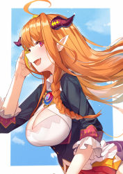 Rule 34 | 1girl, ahoge, blonde hair, bow, braid, breasts, cleavage, cleavage cutout, clothing cutout, dragon girl, dragon horns, fang, hairband, hands up, highres, hololive, horn bow, horn ornament, horns, kiryu coco, kiryu coco (1st costume), large breasts, long hair, looking at viewer, mr.lime, multicolored hair, open mouth, orange hair, pointy ears, purple eyes, red eyes, side braid, smile, solo, virtual youtuber