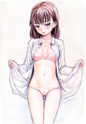 Rule 34 | 1girl, :o, blush, bra, breasts, brown hair, cameltoe, character request, cleavage, face, lasterk, lingerie, looking at viewer, navel, no pants, open clothes, open shirt, original, panties, shirt, solo, thigh gap, traditional media, underwear, watercolor pencil (medium)